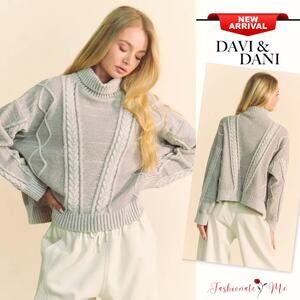 Davi & Dani Cable Knit Turtleneck Dropped Shoulder Relaxed Fit Sweater | Grey